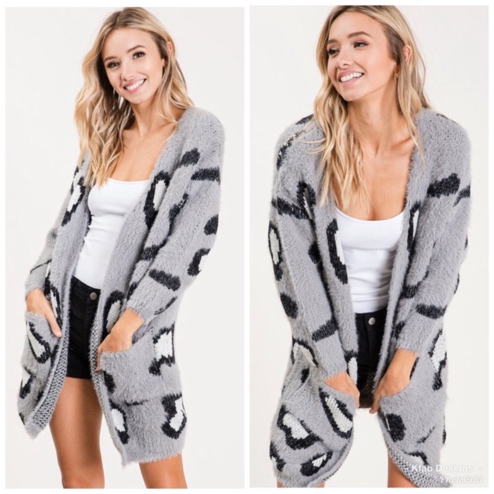 FINAL CLEARANCE BiBi Gray Leopard Animal Print Pocket Cardigan - Picture 2 of 15